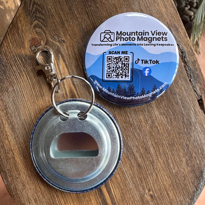 Bottle cap opener keychain and with QR code on a wooden surface. 